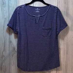 Talbots Linen/Polyester Short Sleeve Slit Neck Navy w/White Stripes T Size LP